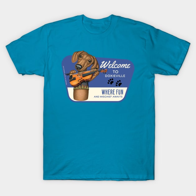 Cute Doxie Dog playing violin in Doxieville, USA T-Shirt by Danny Gordon Art